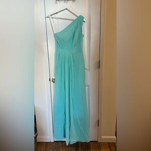 David’s Bridal long one-shoulder crinkle chiffon dress | Spa color